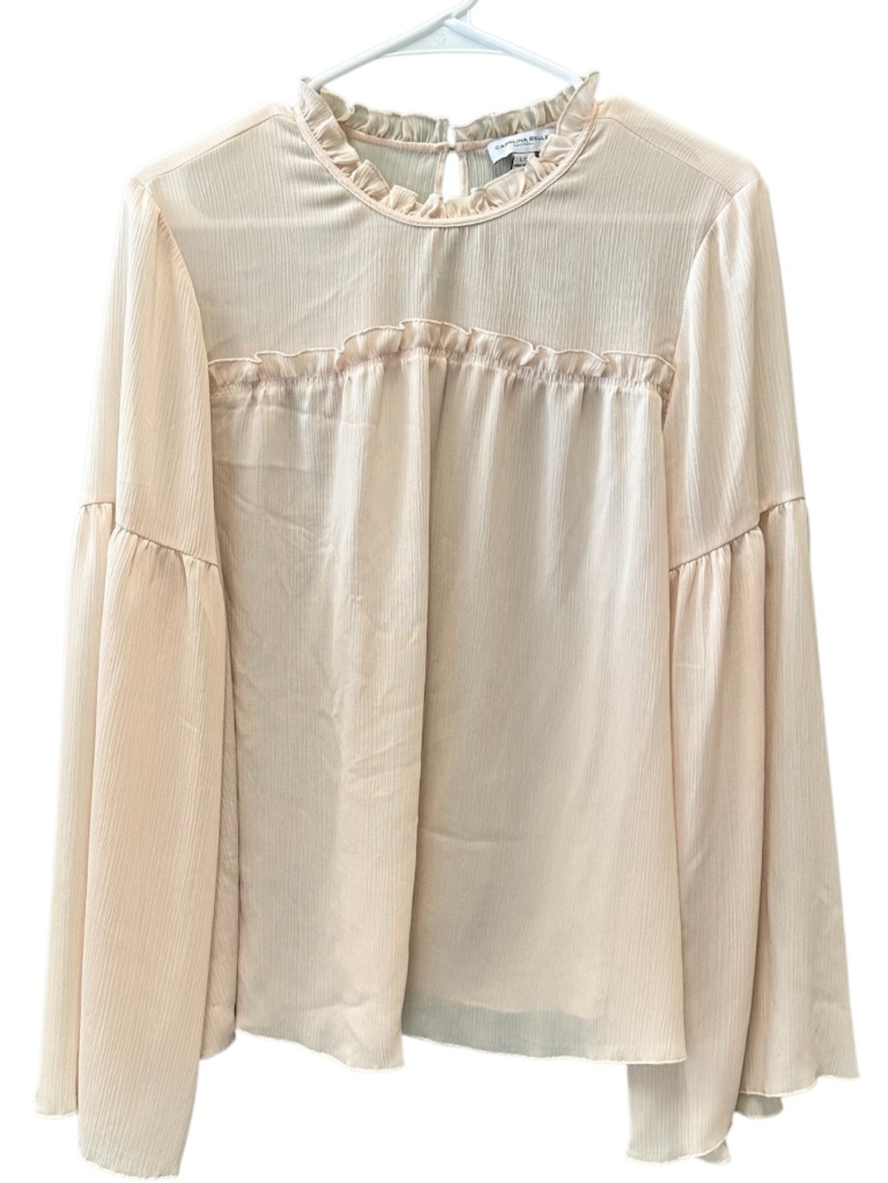 Carolina Belle Montreal Sheer Pull Over Blouse Top Cream Size Large Bell Sleeve
